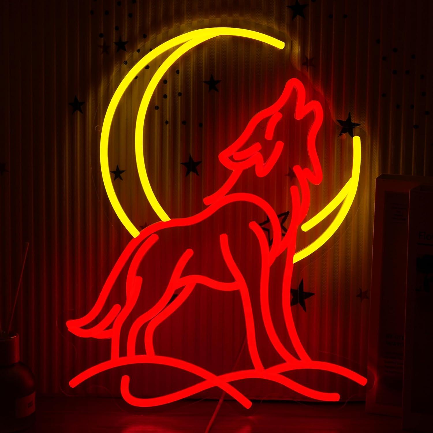 울고 있는 늑대 네온사인, 달 모양 악센트가 있는 디밍 - Neon Sign Party 리뷰 및 가격
